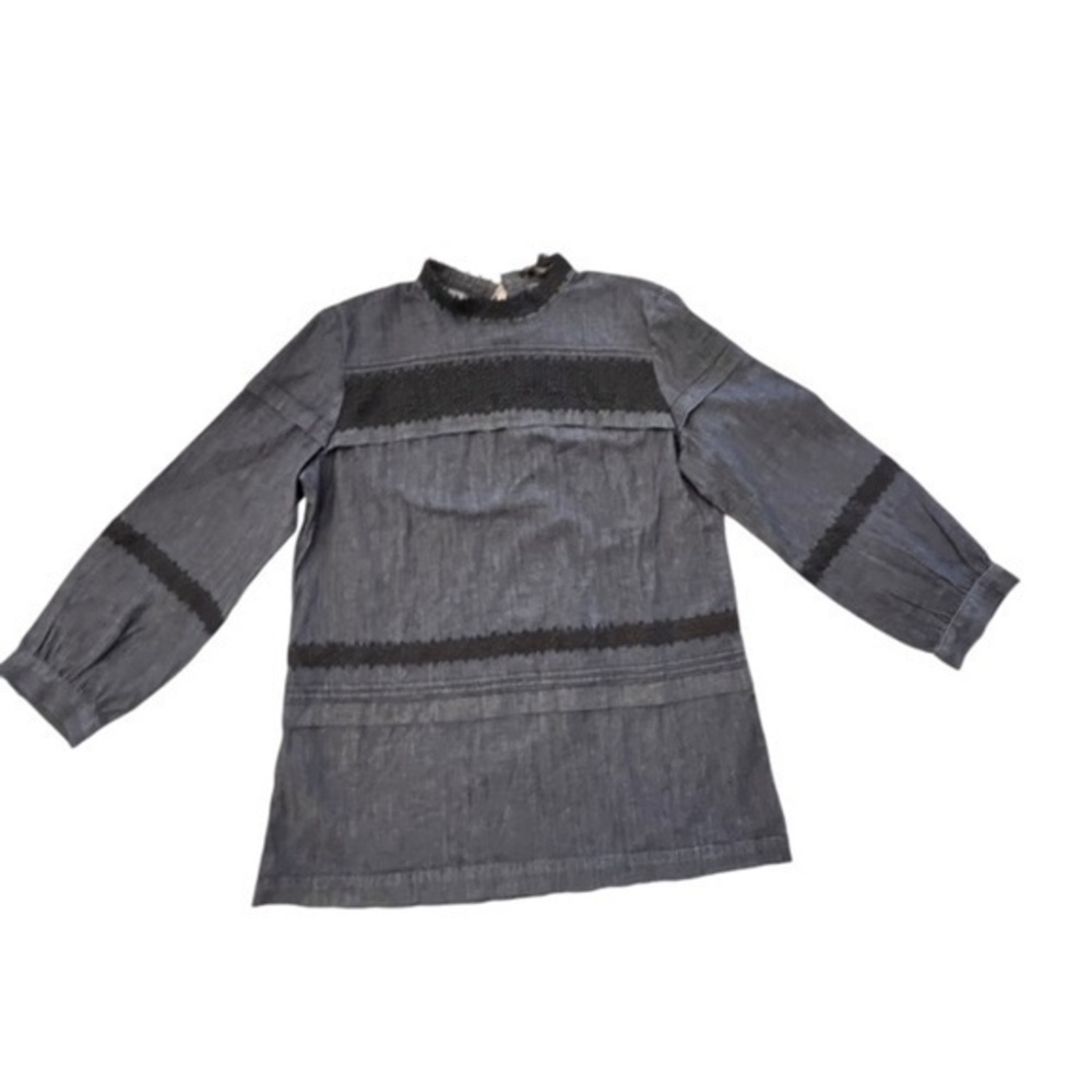 Banana Republic Pintuck Denim Shirt Top Blouse Dark Blue Black Lace Accent MED-T